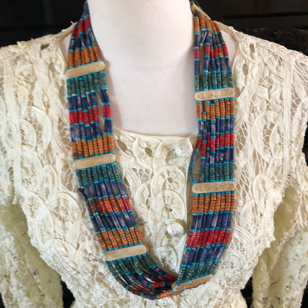 Carved Bone & Stone Turquoise  Festival Beaded Necklace / Belt / Ha…